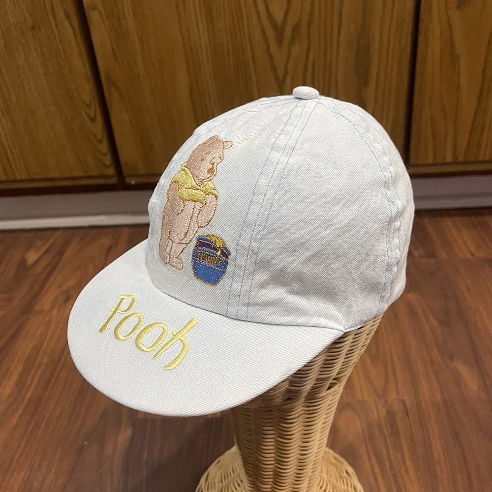 vtg kids 90s Winnie The Pooh Disney Hat Cap Baseball Stretch Light Blue Honeypot - Picture 2 of 6